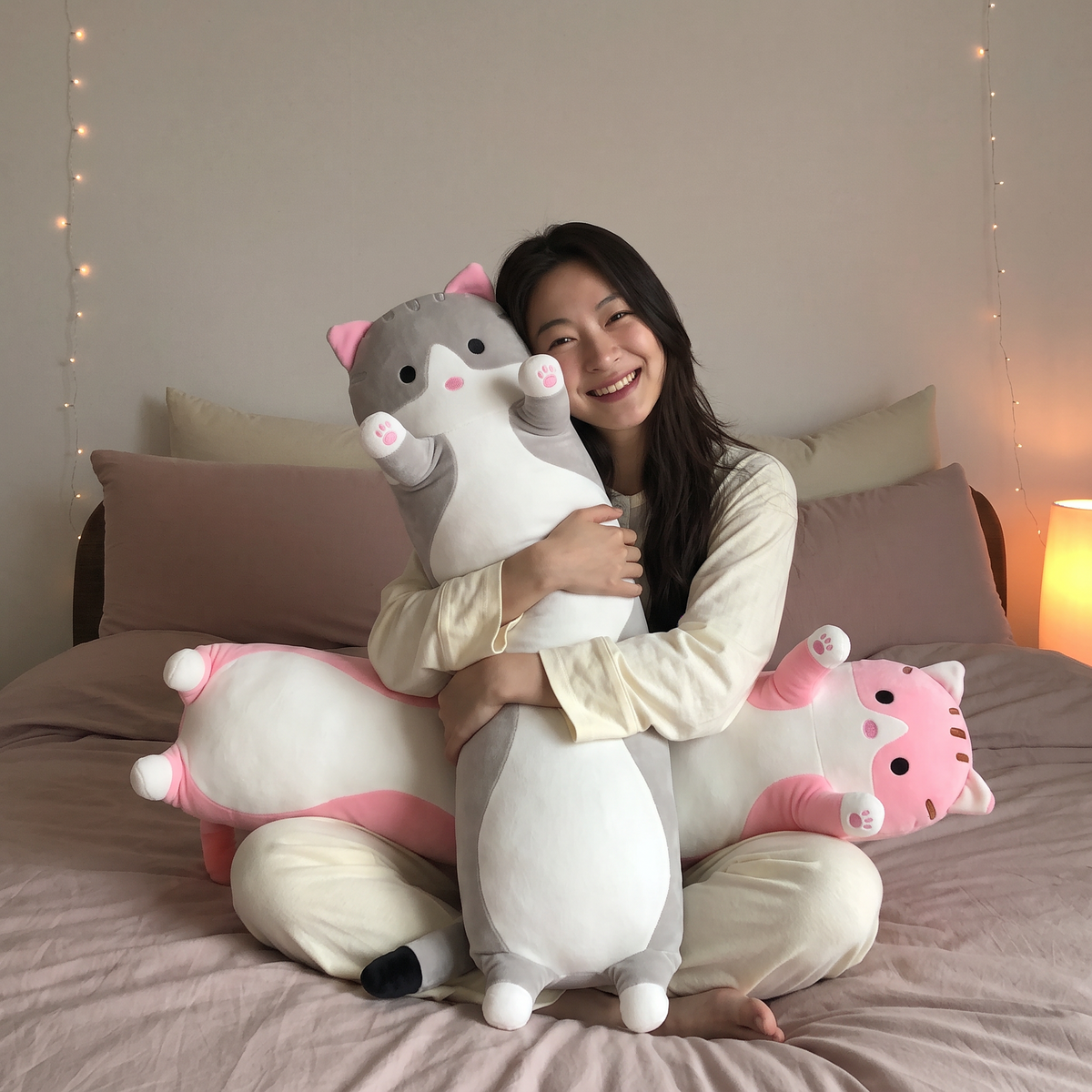 Woman cuddling two Snug Cat long plushies on a cozy bed