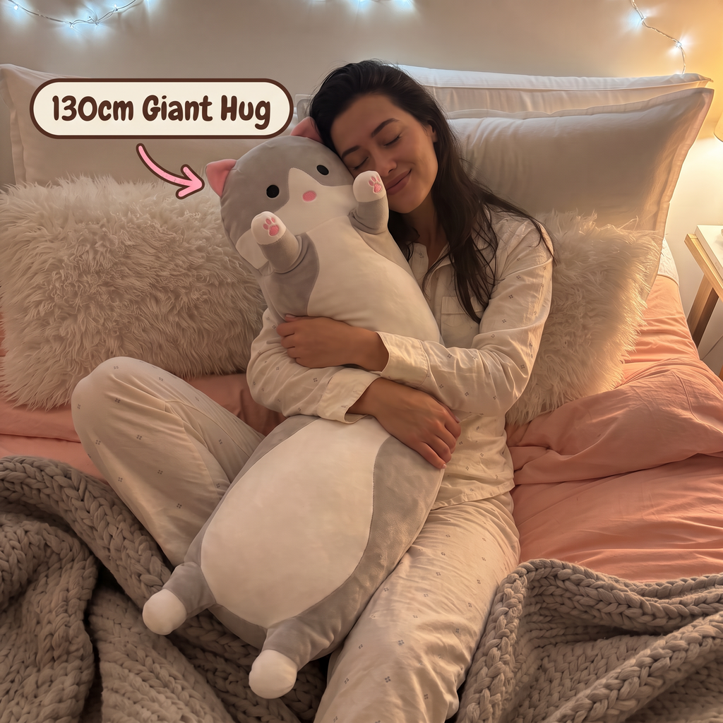 Snug Cat 130cm Giant Hug cuddled in bed