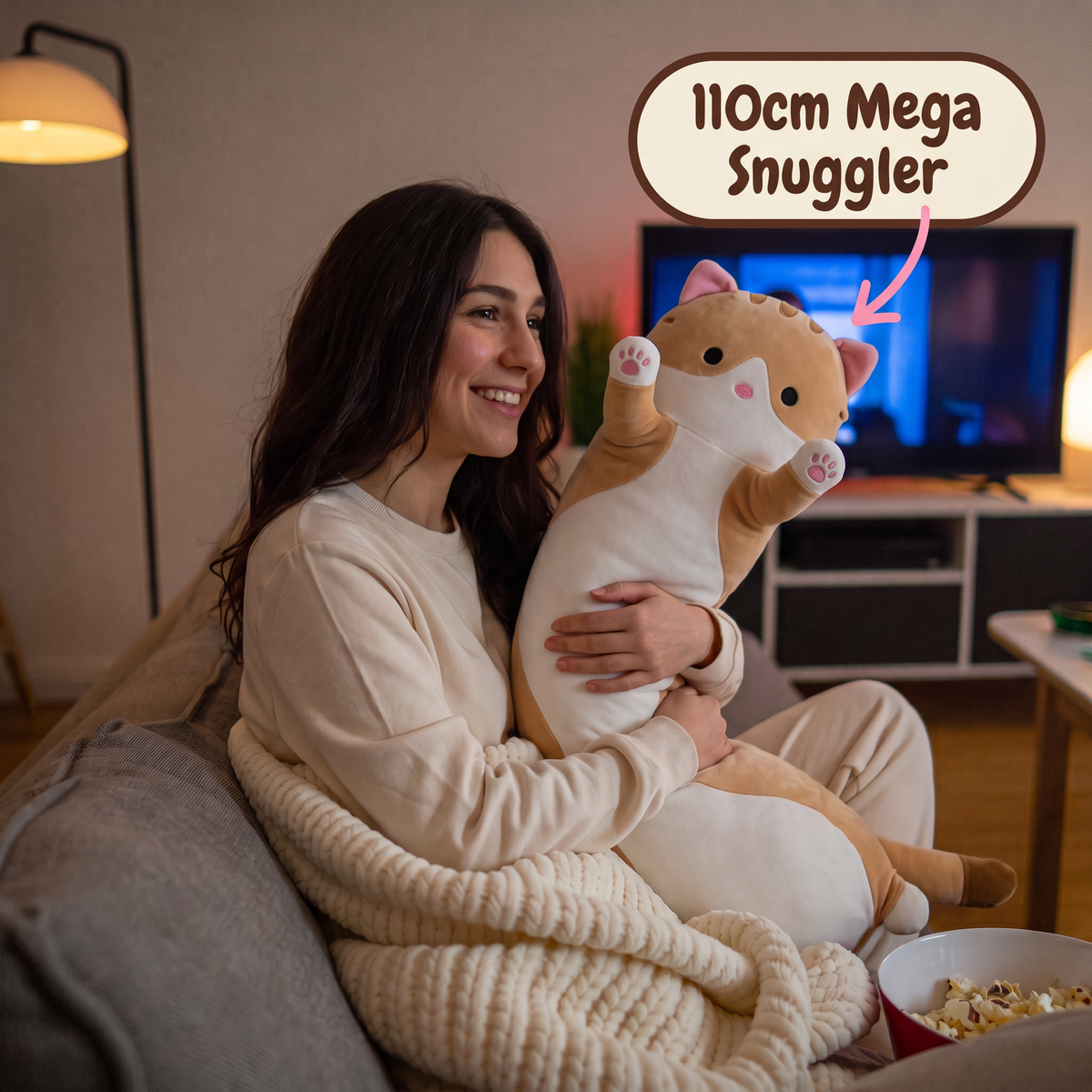 Snug Cat 110cm Mega Snuggler on the couch for movie night