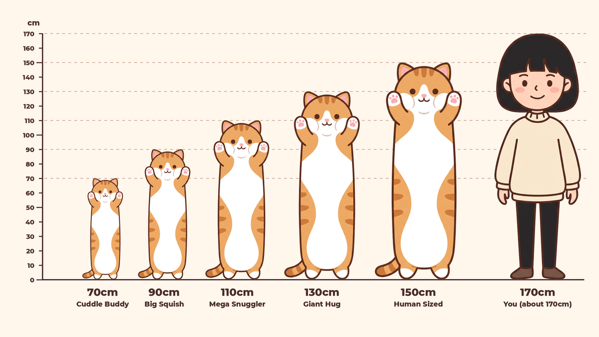 Size guide showing each Snug Cat size next to a 170cm girl